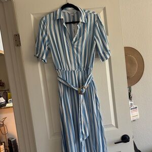 Steve Madden Blue and White Striped Midi Shirt Dress with Belt